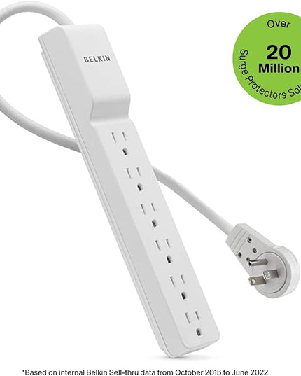 Belkin Surge Protector Power Strip - 6 AC Multiple Outlets - Flat Rotating Plug, 8ft Long Heavy-Duty Extension Cord for Home, Office, Travel, Computer Desktop & Charging Brick - White (720 Joules)