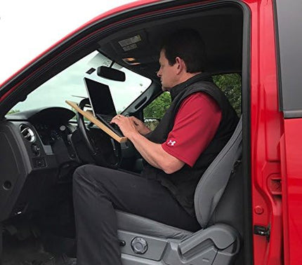 The Executive steering wheel desk measures 17” 3/4” × 13 7/8” provides a stable surface for most laptops, tablets, phones, and paperwork.