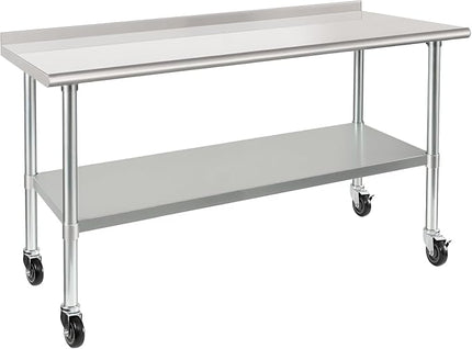 HARDURA Stainless Steel Table 24 x 60 Inches with Wheels Casters NSF Heavy Duty Commercial Prep Table with 2” Backsplash and Adjustable Undershelf for Restaurant Kitchen Home and Hotel