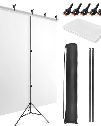 White Backdrop with Stand for Photoshoot, 5X6.5ft White Photo Backdrop with T Shape Background Backdrop Stand for Photography, Portable Photo Backdrop Curtain Stand Kit w Carrying Bag 5 Spring Clamps