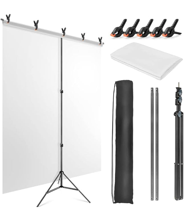 White Backdrop with Stand for Photoshoot, 5X6.5ft White Photo Backdrop with T Shape Background Backdrop Stand for Photography, Portable Photo Backdrop Curtain Stand Kit w Carrying Bag 5 Spring Clamps