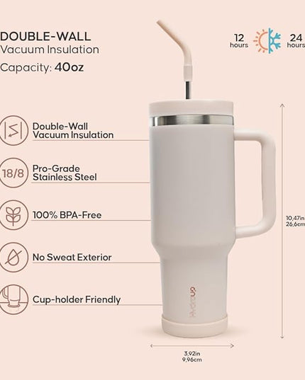 40oz Travel Tumbler Cup with Handle, Two-Way Slider Lid, Stainless Steel Straw with Silicone Tip, Vacuum Insulated Water Bottle for Hot & Cold Drinks, Great Gifts for Mom