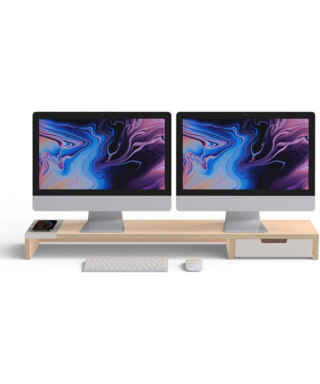 POUT E9 Dual Monitor Stand with Drawer - Wireless Charger and USB Hub (Maple White)