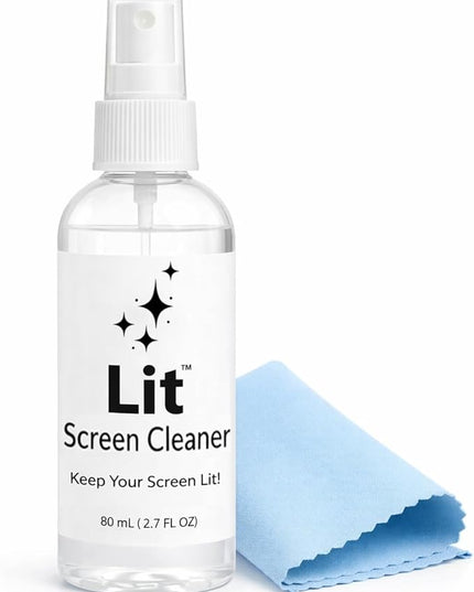 Lit Screen Cleaner Spray Kit (80 mL) + Microfiber Cloth — for Phone, iPad, Tablet, Laptop, Monitor, TV, Camera Lenses & Eyeglasses — Streak-Free, Alcohol-Free & Ammonia-Free, Travel Size
