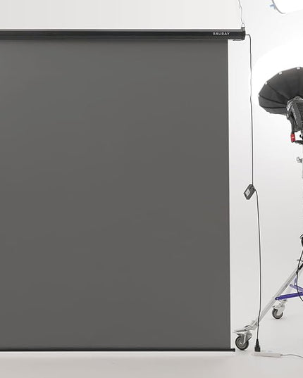 RAUBAY Motorized Pull Down Grey Screen Backdrop - 59.8" x 86.6" Collapsible Wall-Mount Background for Professional Video Production, Photography Studio, Video Conferencing and YouTube, TikTok Creator