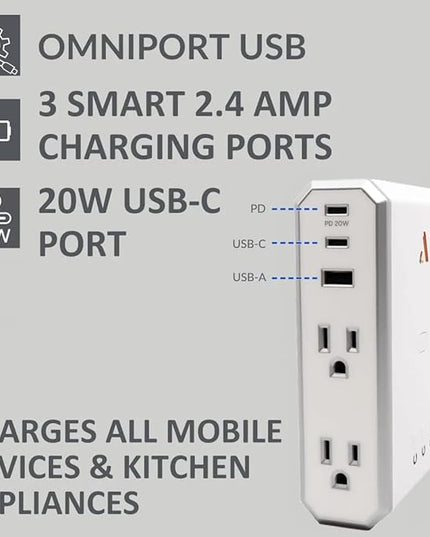 Austere V Series, Appliance Wall Power 4 Outlet Surge Protector for Kitchen, 3000 Joules, 1 USB-C 20W Fast Charger, 2.4 amps USB-C and A Ports, Overcurrent Protection, 5 Year Component Guarantee