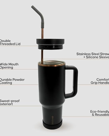 40oz Travel Tumbler Cup with Handle, Two-Way Slider Lid, Stainless Steel Straw with Silicone Tip, Vacuum Insulated Water Bottle for Hot & Cold Drinks, Great Gifts for Mom (Black Gold)