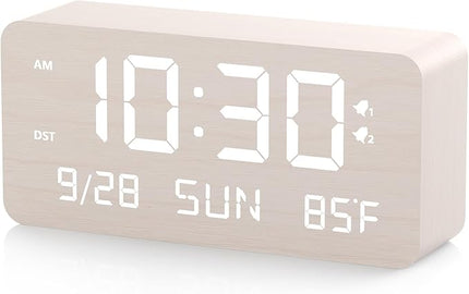 Fomobest Wooden Digital Alarm Clock for Bedroom - Desk Clock with Date, Day of Week, Temperature, Dual Alarms, Dimmer, USB Port Charge, DST, Adjustable Volume for Living Room/Office Wood Decor (White)