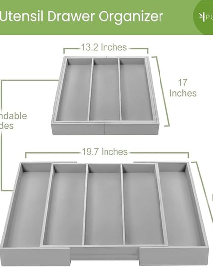 Purawood Kitchen Drawer Organizer - Expandable Utensil Drawer Organizer for Kitchen, Cutlery Tray & Silverware Organizer, 3-5 Slots - Bamboo Organizer for Utensils & Flatware (Grey)