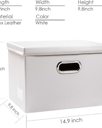 PRANDOM Collapsible Storage Bins with Lids [3-Pack] Leather Fabric Foldable Storage Boxes Organizer Containers Baskets Cube with Cover for Bedroom Closet Office Nursery White (14.9x10.8x10)