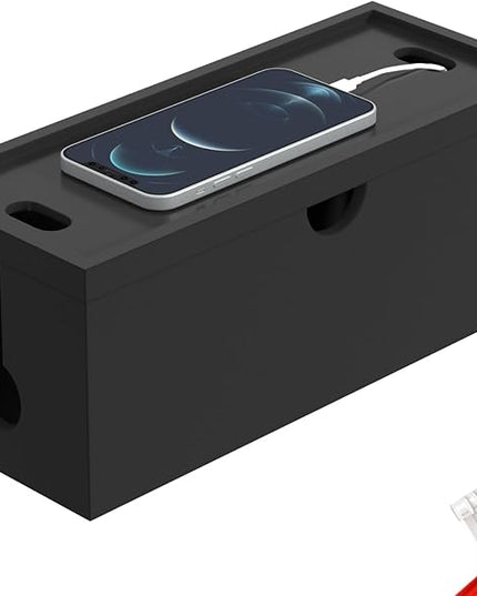 Bamboo Cable Management Box, Large Cord Organizer Box Cable Box to Hide Wires & Power Strips for Desktop Storage Cord Holder for Office Home,No Assembley Required (All Black, 1Medium)
