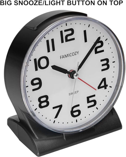 FAMICOZY 4.5" No Ticking Analog Alarm Clock,Silent Readable for Seniors,Easy to Set,Gradual Rise Alarm,Big Numbers,On/Off Switch on Side,Gentle Wake,Snooze Soft Backlight,Battery Operated,Black