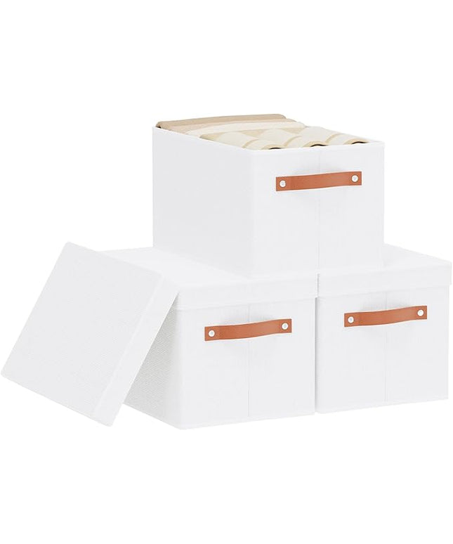 Fabric Storage Bins with Lids, 15 x 9.8 x 8.3 Inch Storage Boxes for Shelves Wardrobe Bedroom, Closet Organizers with Handles, White, 3-Pack