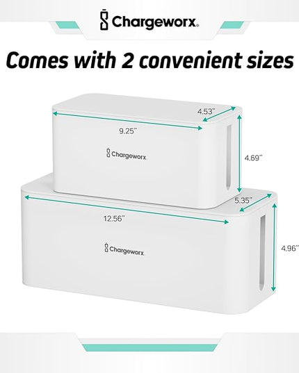 ChargeWorx Cable-Management Box Set, 2 Pack Cord Organizer to Hide Power Strips and Surge Protectors, Desk and Floor Wire Concealer for Home Office, TV Area, White
