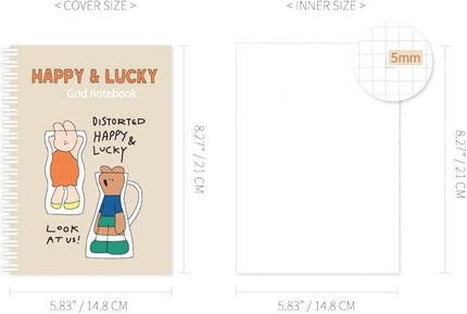 Monolike Happy and Lucky A5 Grid Spiral Notebook, Distorted - Hardcover 5.83 x 8.27inch 128 Page,120GSM Thick paper