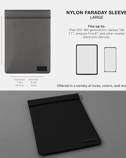 SLNT Faraday Bag Tablet Sleeve with Silent Pocket - Leather or Weatherproof Nylon, Signal Blocking Device Shielding for iPad, Samsung Galaxy Tab, Most Tablets, Privacy (Charcoal Grey Nylon, Large)