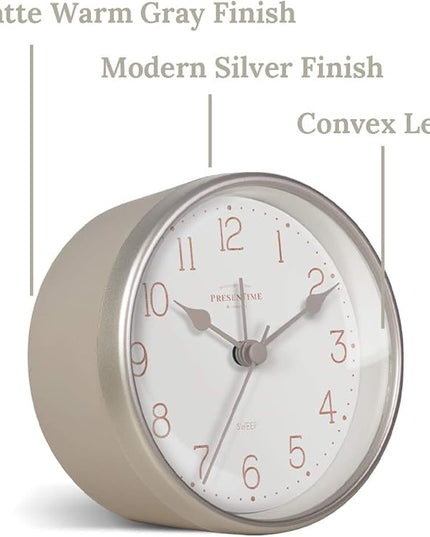 Presentime & Co 4" Chic Home Tabletop Alarm Mantel Clock, Desk and Shelf Clock, Silent no Ticking, Warm Gray and Chic Silver Finish. Tabletop Décor, Home Décor