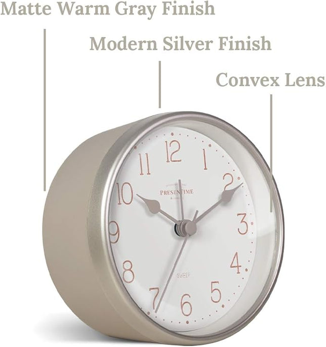 Presentime & Co 4" Chic Home Tabletop Alarm Mantel Clock, Desk and Shelf Clock, Silent no Ticking, Warm Gray and Chic Silver Finish. Tabletop Décor, Home Décor