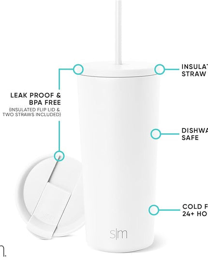 Simple Modern Insulated Tumbler with Lid and Straw | Iced Coffee Cup Reusable Stainless Steel Water Bottle Travel Mug | Gifts for Women Men Her Him | Classic Collection | 20oz | Winter White