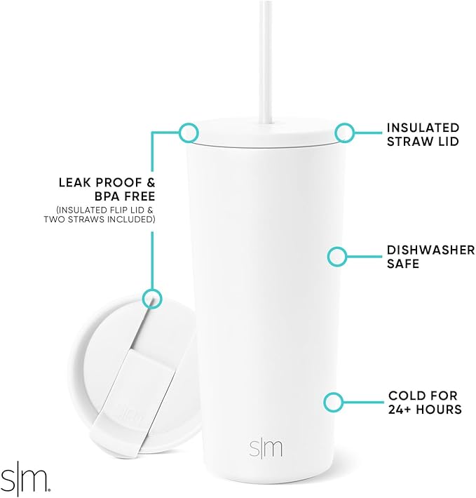 Simple Modern Insulated Tumbler with Lid and Straw | Iced Coffee Cup Reusable Stainless Steel Water Bottle Travel Mug | Gifts for Women Men Her Him | Classic Collection | 20oz | Winter White