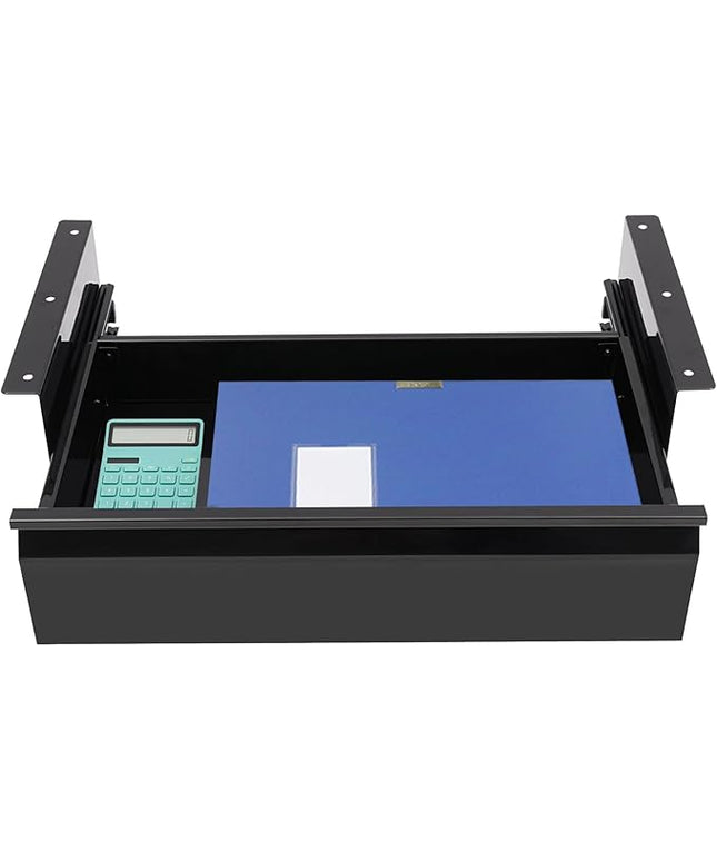FFanhia 16 Inch Under Desk Mounted Sliding Pull-out Drawer Storage for Sit Stand Workstation Office(Applicable Table Thickness: 0.79in) Black