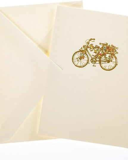 Graphique Flower Bicycle La Petite Presse Boxed Notecards, 10 Embellished Gold Foil Blank Cards with Matching Envelopes and Storage Box, 3.25" x 4.75"