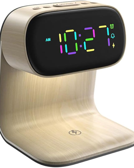 AYI 3in1 Multi-Functional Wireless Charging Alarm Clock Smart Night Light Qi Charger LED Digital Clock Adjustable Light 15W Fast Wireless Charging for All Qi Phone and TWS Headphone Pro Wood Color
