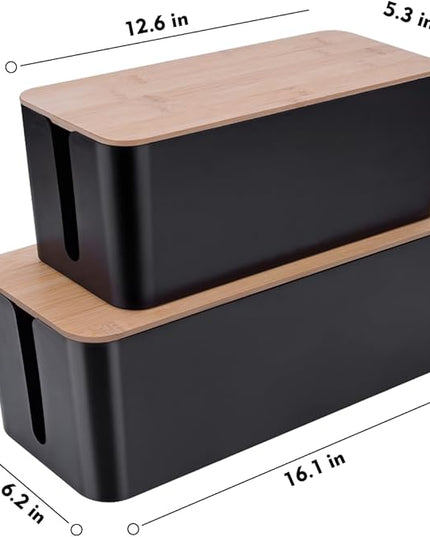 2 Pack Large Cable Management Box – Wooden Style Cord Organizer Box and Cover for TV Wires, Computer, Router, USB Hub and Under Desk Power Strip – Safe ABS Material and Baby-Pets Proof Lock (Black)