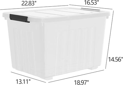 70 Quart Large Plastic Storage Box, Clear Latching Bin with Lid and Wheels, 4 Packs