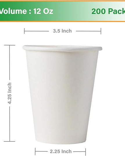 White Paper Coffee Cups – 12 Oz. [200 - Pack] Disposable Hot & Cold Beverage Cups | Durable Paper Cups for Hot and Cold Coffee, Water, Juice, Tea & More – Ideal for Office, Parties, Home & Travel Use
