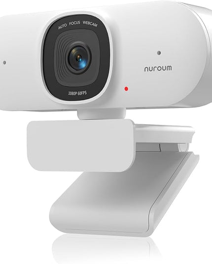 NUROUM V15AF 2K Webcam for PC, 1080p 60FPS AutoFocus Web Camera with Microphone, Privacy Cover and Mute, 75°FOV Dual Microphone USB FHD Computer Camera, Plug and Play for Zoom/Skype/Teams, White