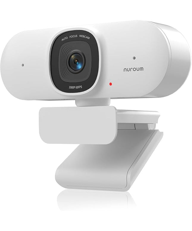 NUROUM V15AF 2K Webcam for PC, 1080p 60FPS AutoFocus Web Camera with Microphone, Privacy Cover and Mute, 75°FOV Dual Microphone USB FHD Computer Camera, Plug and Play for Zoom/Skype/Teams, White