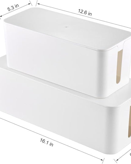 Cable Management Box, 2 Pack Large & Medium Cable Organizer Box with 17 PCS Cable Management Set, Cord Organizer Box to Hide Surge Protector on Desk or Floor (White)