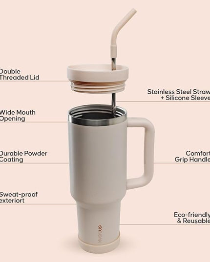 40oz Travel Tumbler Cup with Handle, Two-Way Slider Lid, Stainless Steel Straw with Silicone Tip, Vacuum Insulated Water Bottle for Hot & Cold Drinks, Great Gifts for Mom
