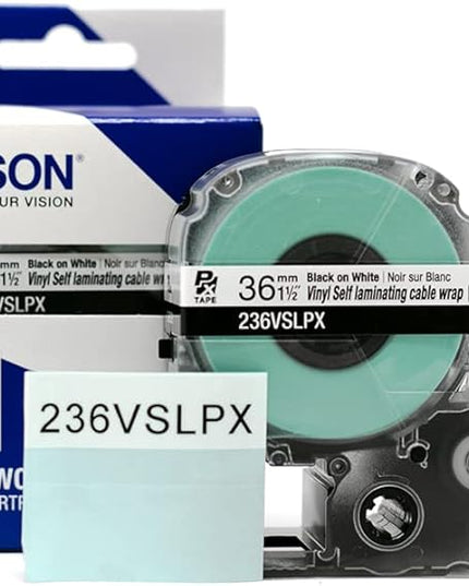 Epson LABELWORKS 236VSLPX Genuine Tape Cartridge - Black on White Flexible and Durable Vinyl Self Laminating Overwrap Industrial Label Maker Tape - 1.5" (36MM) Wide, 26.2 ft
