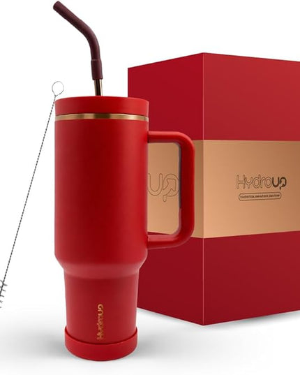 40oz Travel Tumbler Cup with Handle, Two-Way Slider Lid, Stainless Steel Straw with Silicone Tip, Vacuum Insulated Water Bottle for Hot & Cold Drinks, Great Gifts for Mom (Red Gold)