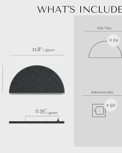 Large Bulletin Board Kit 48x36- Minimalist Wall Art to Replace Your Old Cork Boards for Walls for Office Decor - 24-Pack Semi-Circle Felt Wall Tiles for Home Office Décor (Midnight Black)