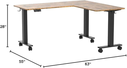 Claiks Triple Motor L-Shaped Standing Desk, 63 x 55 Inch Corner Stand Up Desk, Adjustable Height with Splice Board, Black Frame/Rustic Brown Top