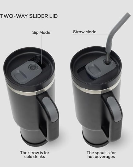 40oz Travel Tumbler Cup with Handle, Two-Way Slider Lid, Stainless Steel Straw with Silicone Tip, Vacuum Insulated Water Bottle for Hot & Cold Drinks, Great Gifts for Mom