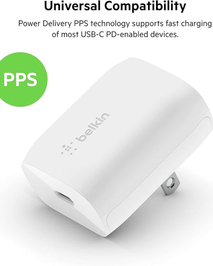 Belkin 20W USB C Charger Block, USB-C PD, PPS Super Fast Charging - Samsung Galaxy S25, Apple iPhone 17, Air, Pro, Pro Max, iPad, AirPods, Apple Watch, Nintendo Switch 2, Google Pixel 10, etc. - White