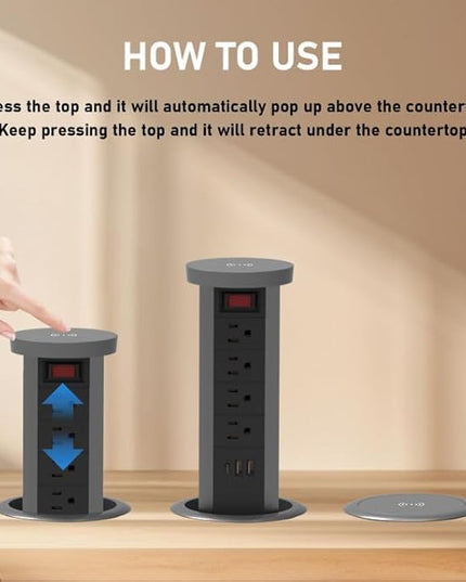 Pop up Outlet for countertop 4.72in Desk Grommet Power Station PD20W USB C 4 Outlets 3 USB Ports 1 Wireless charger 15A Outlets Fast charging Space Saver Outlet for Kitchen Office 6ft Cord
