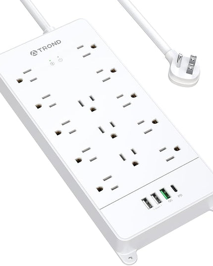 TROND Surge Protector Power Strip with USB C, Flat Plug Extension Cord 5 ft, 13 Wide Spaced Outlets, 4000 Joules, 32W Quick Charge 3.0 &, Wall Mount, Under Desk, Heavy Duty ETL Listed, White