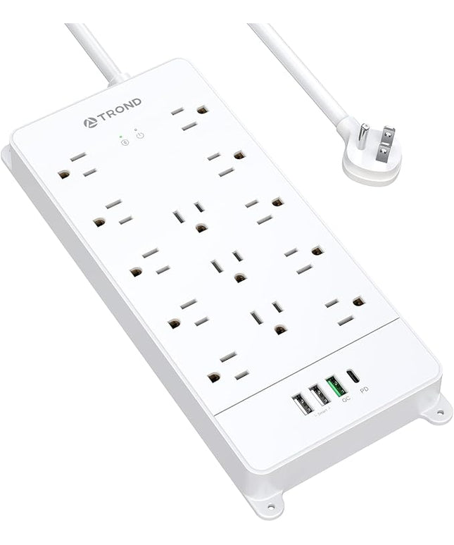 TROND Surge Protector Power Strip with USB C, Flat Plug Extension Cord 5 ft, 13 Wide Spaced Outlets, 4000 Joules, 32W Quick Charge 3.0 &, Wall Mount, Under Desk, Heavy Duty ETL Listed, White