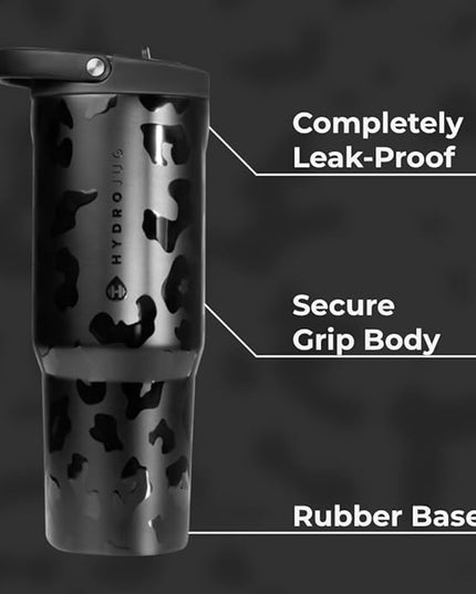 HydroJug Sport - Stainless Steel Tumbler with Straw, Vacuum Insulated, 40oz Leakproof Water Bottle, Ergonomic Design, Reusable, Dishwasher Safe, Rubber Base, Durable for Gym or Outdoors, Black Leopard
