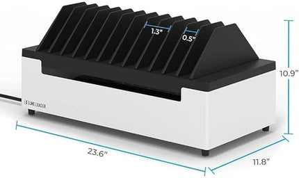 Line Leader 12-Device Open Charging Station | Compact Desktop Charger for Laptops, Tablets, & Chromebooks | Space-Saving Design with Adjustable Dividers & UL Safety-Certified Power Strip
