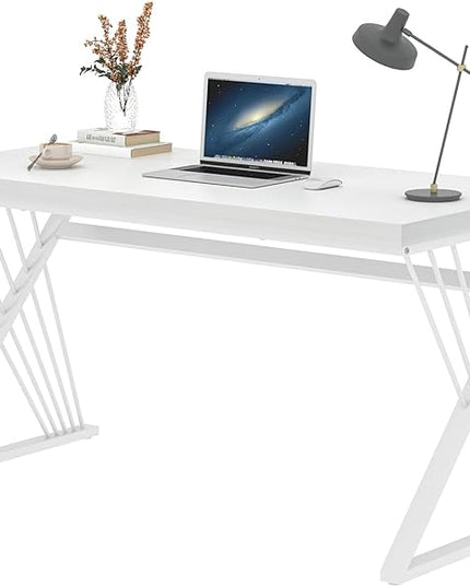 FOLUBAN Modern White Desk, Rustic Wood and Metal Computer Desk for Home Office, Simple Writing Work PC Desks for Bedroom, Industrial Study Gaming Table for Living Room, White, 53 Inch