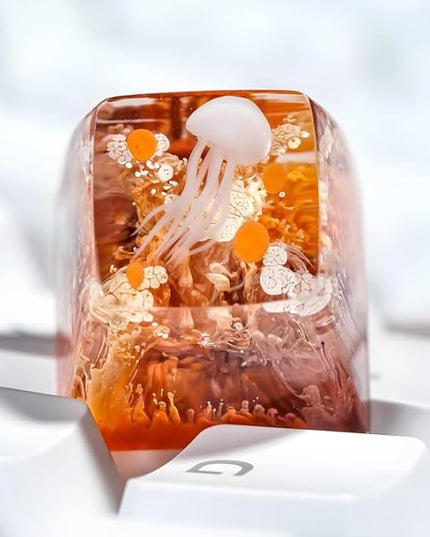 Jellyfish Artisan Keycap Golden Coral R1 SA Profile Custom Sea Creature Keycaps 1U ESC Handmade Gaming Sea Resin Key Cap Cherry MX Switch Compatible Mechanical Keyboard Jellyfish Lover Gift