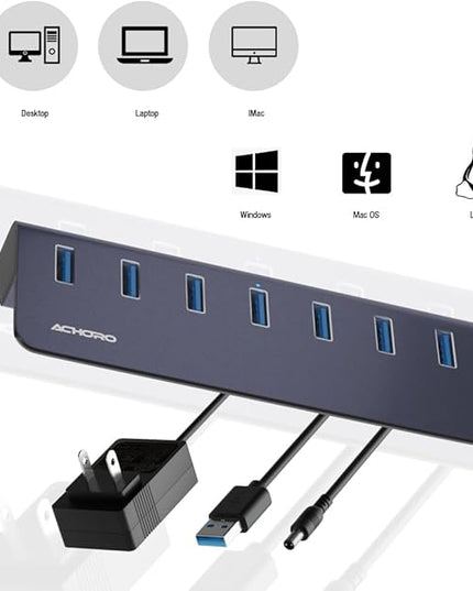 Achoro 7 Ports Powered USB HUB – 2nd Generation 10GB Super Speed External Ports – USB 3.2 Aluminium USB for Computer, Mac, PCs, Smartphone & Tablets – Computer Multiple USB A & C Hub