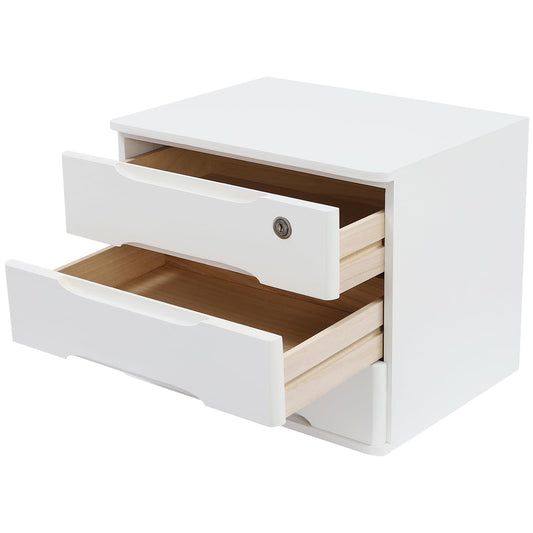 iSamLam Wood Desk Organizer with 3 Drawers, Lockable Desktop Countertop Storage Cabinet for Home Office Supplies File Tabletop Storage Box, 15.35" x 11.81" x 12.2" (White)
