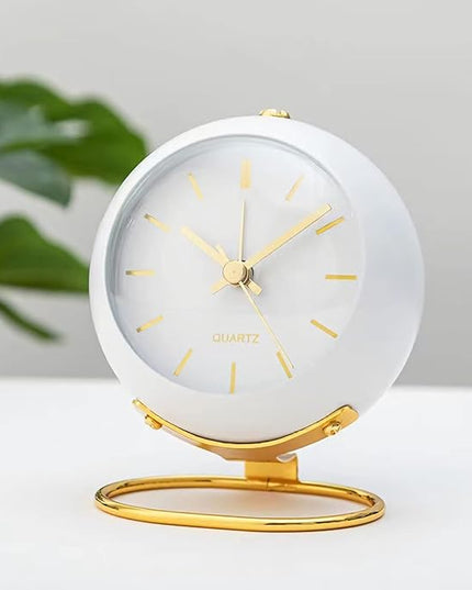 SHISEDECO Small Tableclocks Classic Non-Ticking Tabletop Alarm Clock with Night Light, Battery Operated Deskclock with HD Glass for Living Room Bedroom Bedside Indoor Decor (RN-White)